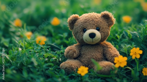 Cozy teddy bear nestled in a vibrant meadow, surrounded by cheerful yellow blooms. A dreamy, sun-drenched scene