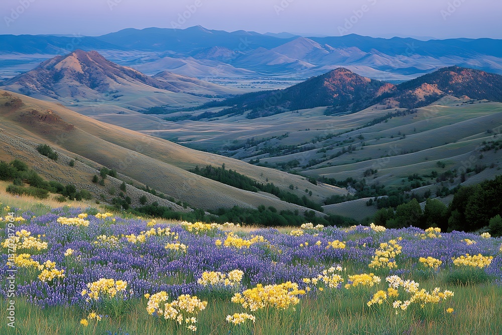 Fototapeta premium Stunningly beautiful landscape featuring lush fields, vibrant flowers, and a clear blue sky above
