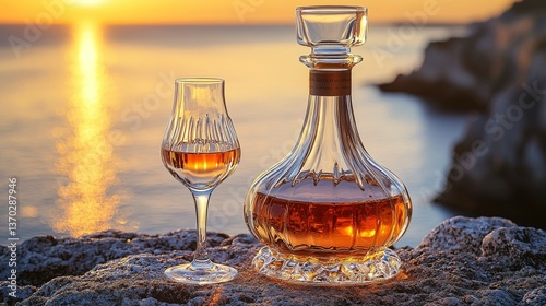 Elegant cognac bottle and snifter glass at sunset on coastal rocks