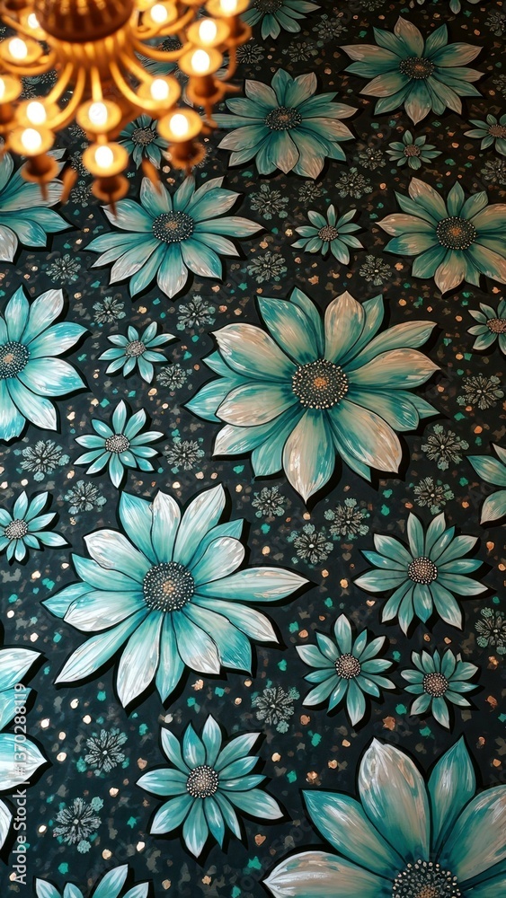 Elegant floral pattern with teal and white flowers under chandelier light Elegant floral pattern with teal and white flowers under chandelier light