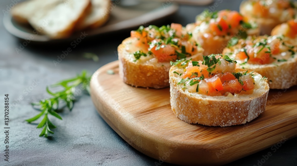 Toasted baguette slices topped with diced tomatoes, fragrant herbs, and minced garlic, representing traditional italian bruschetta Toasted baguette slices topped with diced tomatoes, fragrant herbs, and minced garlic, representing traditional italian bruschetta