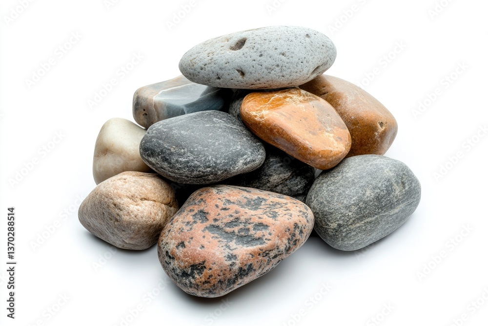 Stacked Smooth River Stones with Natural Colors on White Background Stacked Smooth River Stones with Natural Colors on White Background