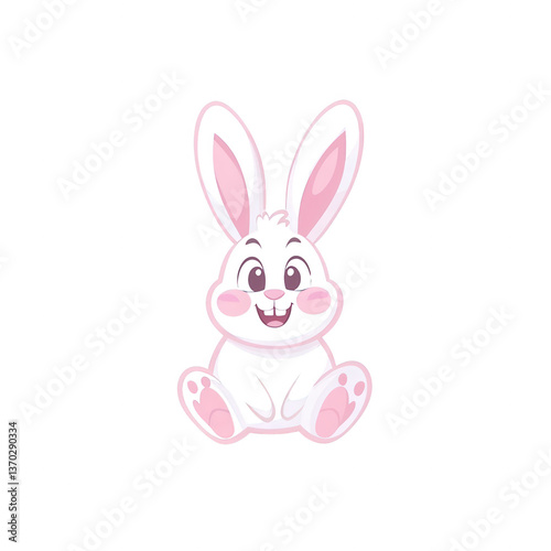 Cute cartoon bunny character with big ears and a cheerful expression, sitting on a white background, perfect for children's designs and Easter themes.
