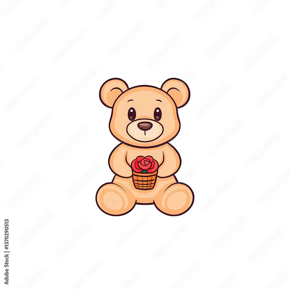 Cute cartoon teddy bear holding a rose in a basket, perfect for kids' designs or Valentine's Day themes, set against a white isolated background. Cute cartoon teddy bear holding a rose in a basket, perfect for kids' designs or Valentine's Day themes, set against a white isolated background.
