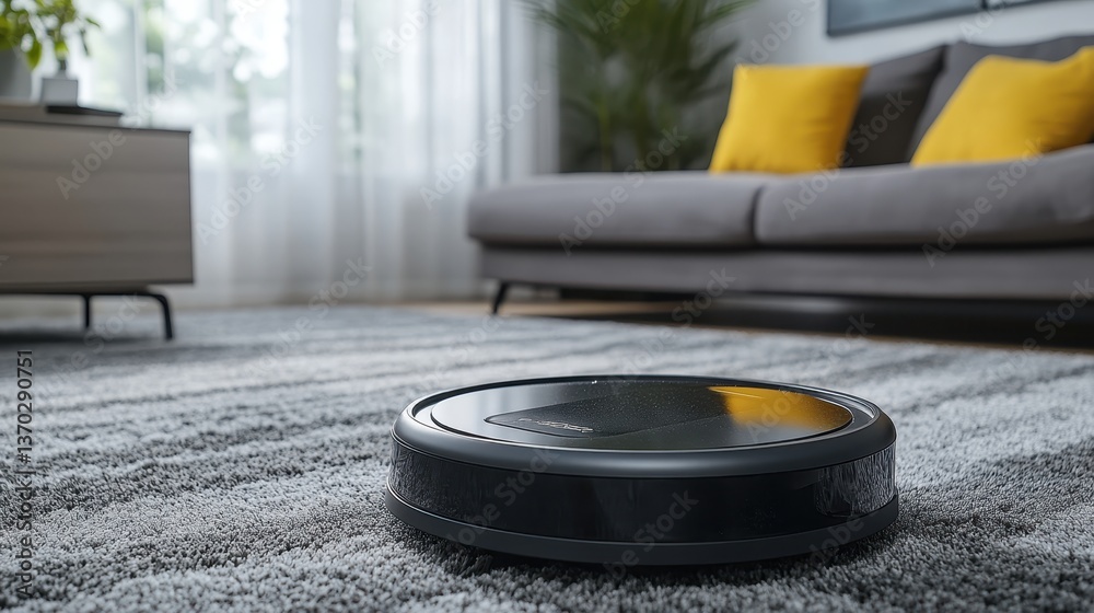 Smart home robotic vacuum autonomously cleaning plush carpet, creating spotless, modern living space with advanced technology and minimal effort Smart home robotic vacuum autonomously cleaning plush carpet, creating spotless, modern living space with advanced technology and minimal effort