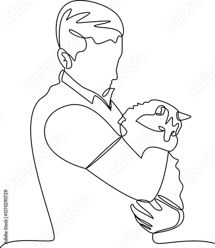 Cat cuddling human one line art vector