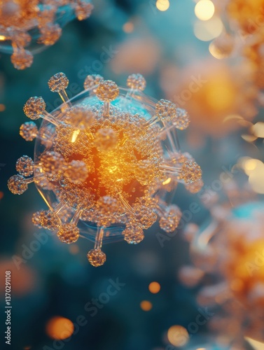 3D-rendered visualization of adeno-associated virus with semi-transparent capsid and glowing biofluid in macro photography photo