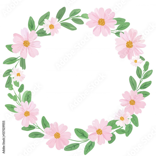 Floral wreath design featuring pink flowers and green leaves with a transparent background, ideal for invitations, cards, and decorative purposes.