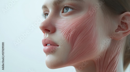 Detailed medical diagram revealing intricate facial muscle network of young female, displaying muscular connections driving facial movements and expressions