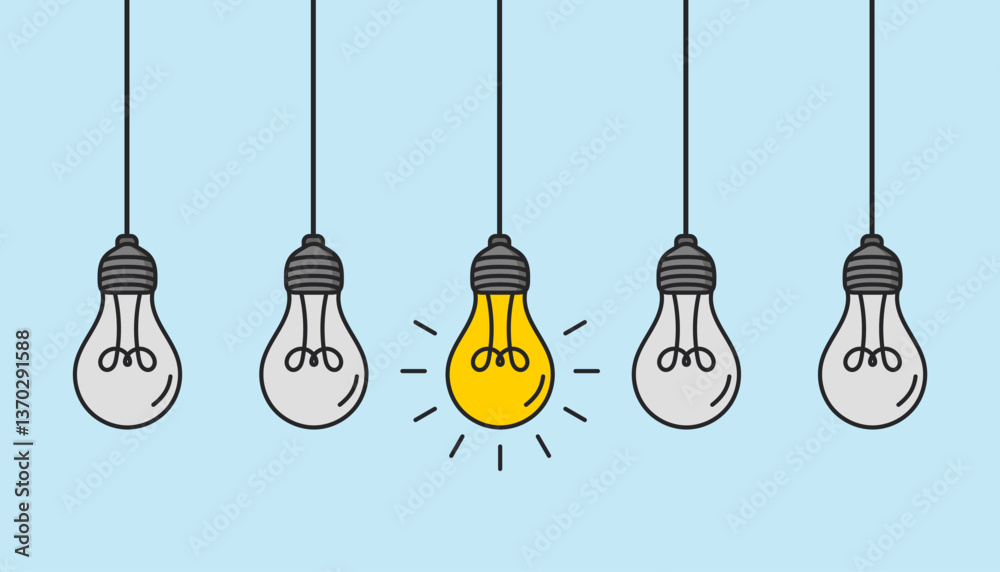 Hanging light bulbs with one glowing on white background. Concept of idea Hanging light bulbs with one glowing on white background. Concept of idea