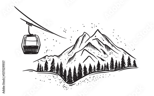 Ski lift in the mountains hand drawn illustration.