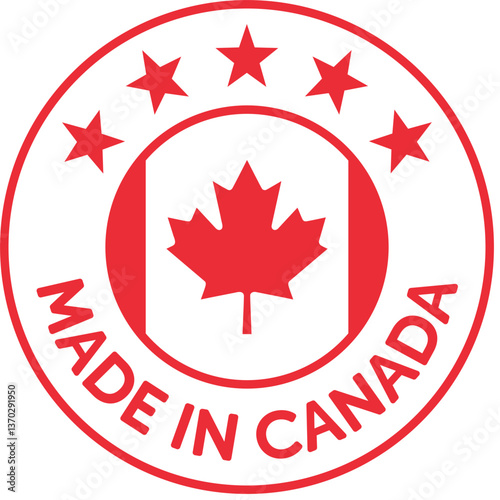 Made in Canada: Badge, label or icon symbolizing the quality and origin of the products from Canada. Total red. Light svg scalable vector for the web. High resolution.