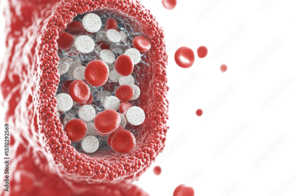 Fototapeta premium Intricate Illustration of Blood Cells Inside a Blood Vessel, Depicting Microscopic Cellular Structures in a Colorful Scientific Representation