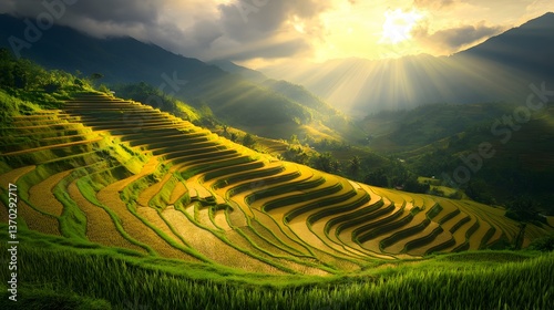 Fototapeta Naklejka Na Ścianę i Meble -  The Mu Cang Chai rice terraces in Vietnam, illuminated by golden sunlight