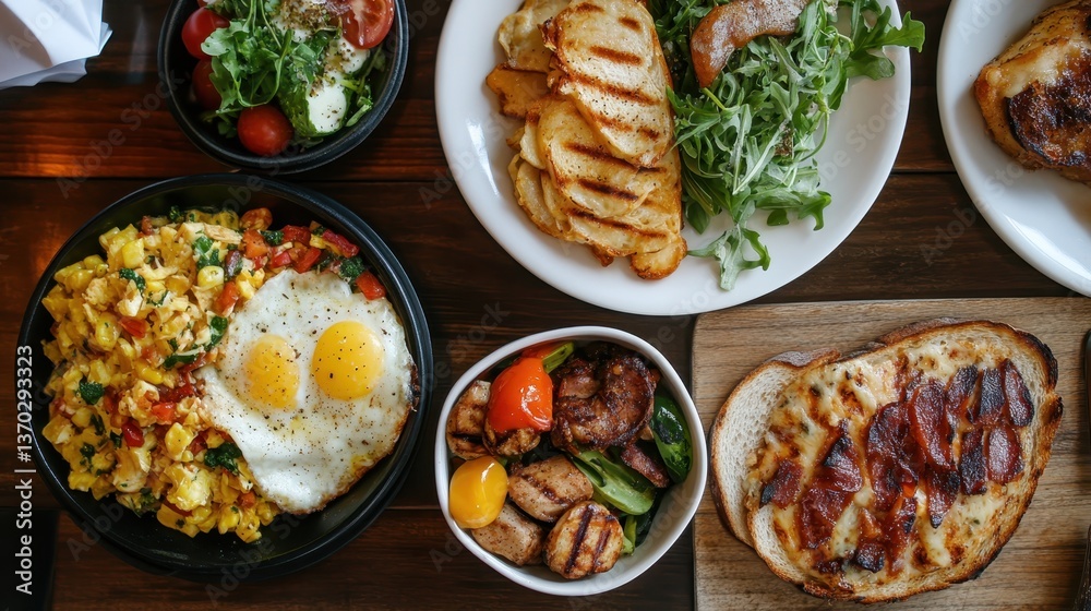 Wooden table featuring hearty brunch spread, scrambled eggs, crispy toast, roasted vegetables, cheese bacon sandwich nestled together with rustic charm Wooden table featuring hearty brunch spread, scrambled eggs, crispy toast, roasted vegetables, cheese bacon sandwich nestled together with rustic charm