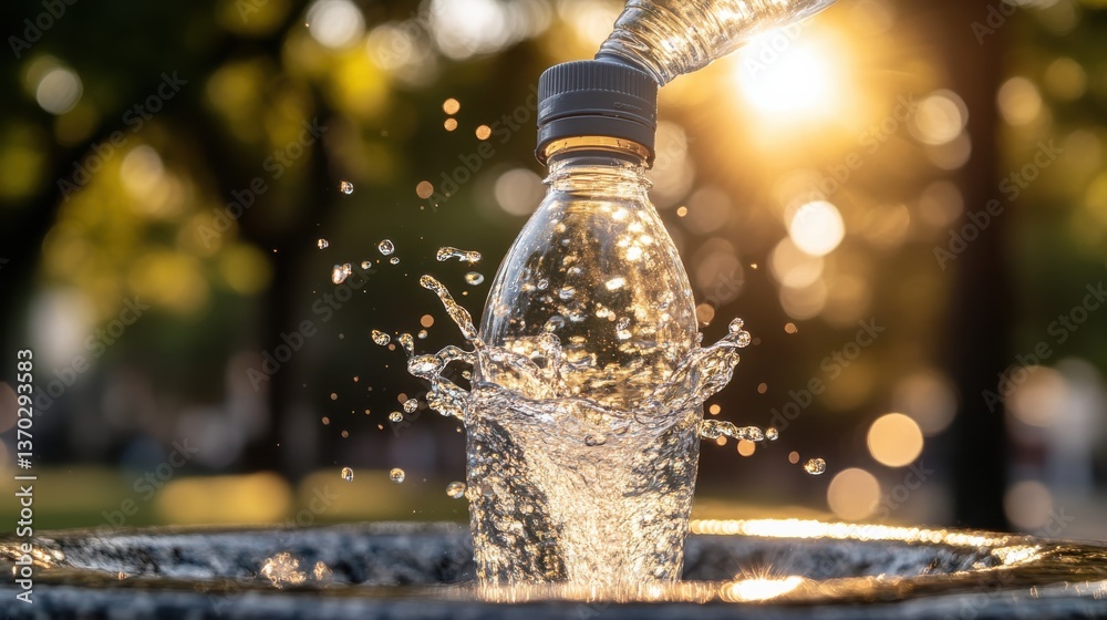 Refreshing Water Bottle Splashing in Clear Water with Sunlight Backdrop Highlighting Hydration and Nature's Beauty in Urban Setting