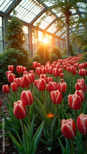 Vibrant red tulips blooming in a sunlit greenhouse
