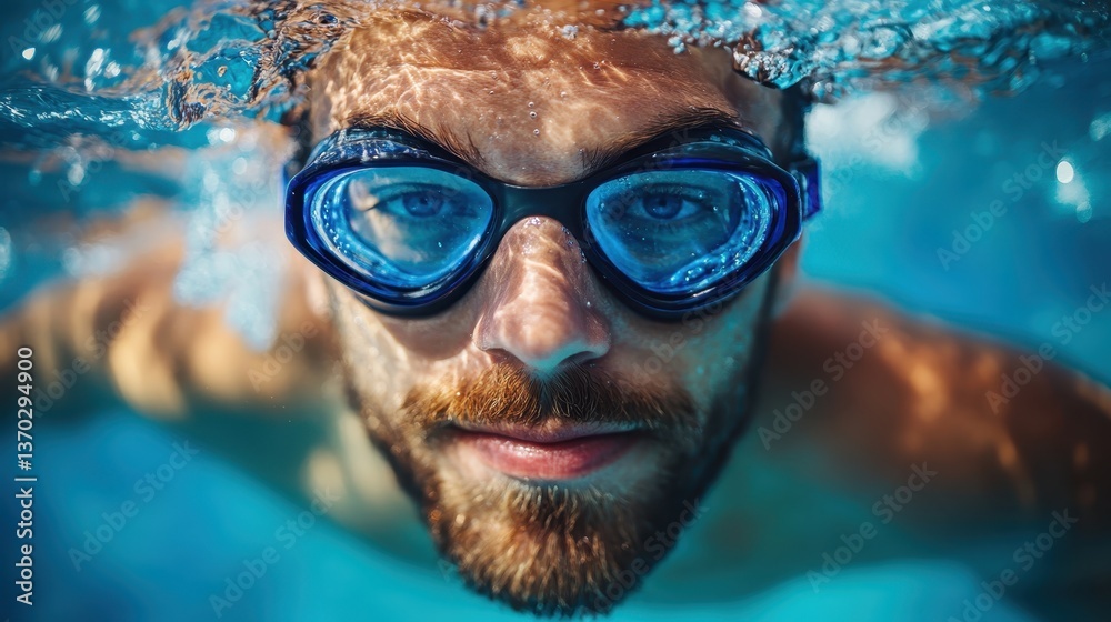 Fototapeta premium Muscular bearded swimmer gliding underwater, wearing blue goggles, moving through turquoise pool with fluid motion, experiencing summer leisure and joyful freedom