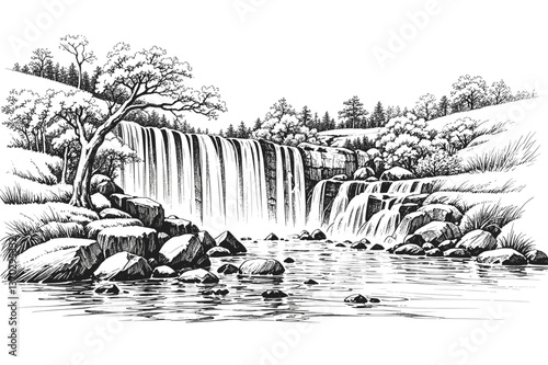 Where Sky Meets River Waterfall line art drawing ink sketch nature landscape vector hand drawn illustration background