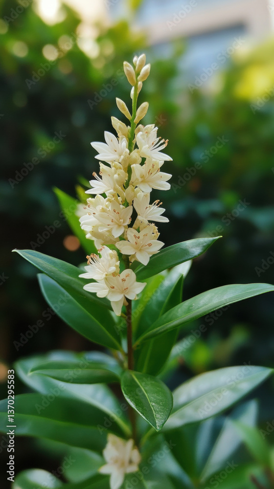 White Flowers with Green Leaves in an Outdoor Setting White Flowers with Green Leaves in an Outdoor Setting
