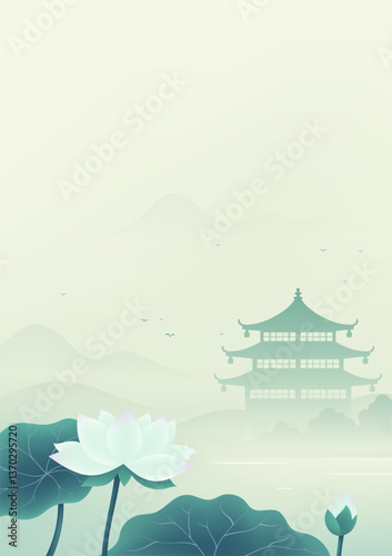 Chinese style vertical illustration design lotus and architectural landscape
