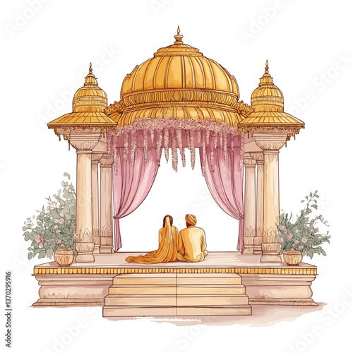 Sikh Wedding Illustration – Gurudwara Mandap with Bride and Groom