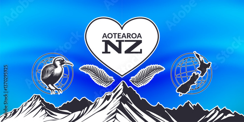 Vector wide poster. Big heart, Aotearoa inscription, NZ abbreviation means New Zealand. Black and white graphic kiwi bird and country map silhouette, fern leaves, mountains. Blue wavy background