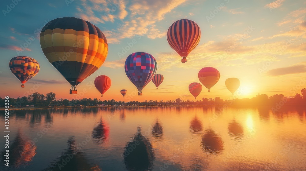 Obraz premium Colorful hot air balloons over a tranquil lake at sunset. A breathtaking, vibrant display of hot air balloons against a beautiful sunset sky