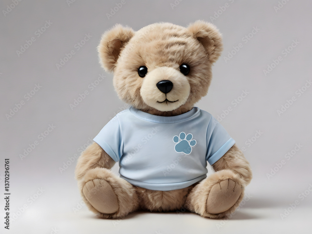 Obraz premium A classic teddy bear sitting with a white t-shirt and a brown paw print creates a charming and nostalgic scene.
