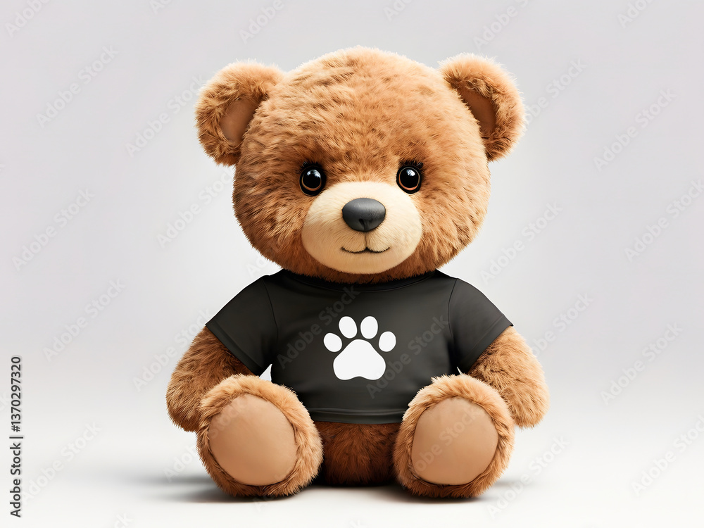 Obraz premium A delightful image of a teddy bear with a black t-shirt and a white paw print, showcasing a playful and endearing character.