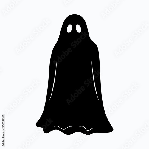 Ethereal Ghost Silhouette Floating in the Dark Night Sky with Full Moon, Spooky Halloween Concept