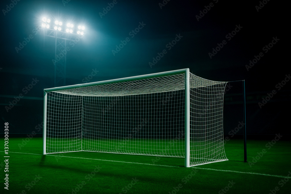 Fototapeta premium Soccer goal on a green field under stadium lights at night with dramatic lighting