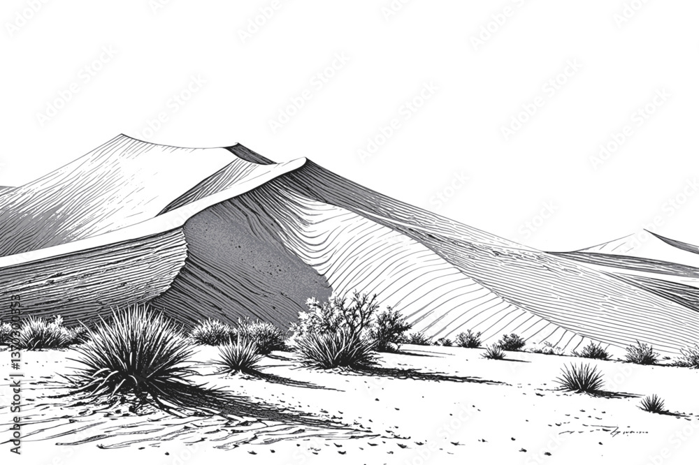 Golden Wasteland Desert line art drawing ink sketch nature landscape vector hand drawn illustration background