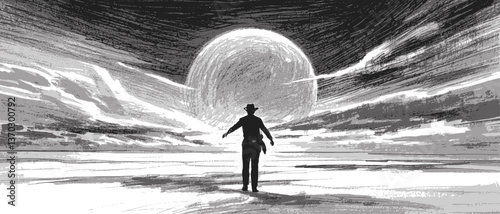 lone figure standing on a flat expanse clouds line art drawing ink sketch nature landscape vector hand drawn illustration background