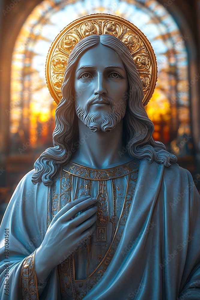 Naklejka premium Jesus Statue, Church, Stained Glass