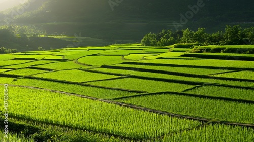 Fototapeta Naklejka Na Ścianę i Meble -  A summer rice paddy, its vibrant green reflecting the midday sun