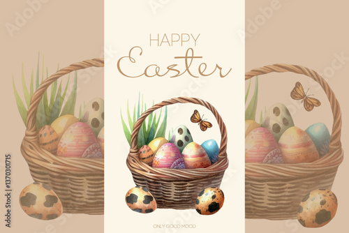 Cute bunny with a basket full of Easter eggs and spring flowers.