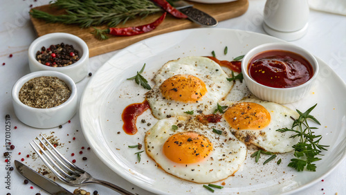 Fried eggs, on a white plate