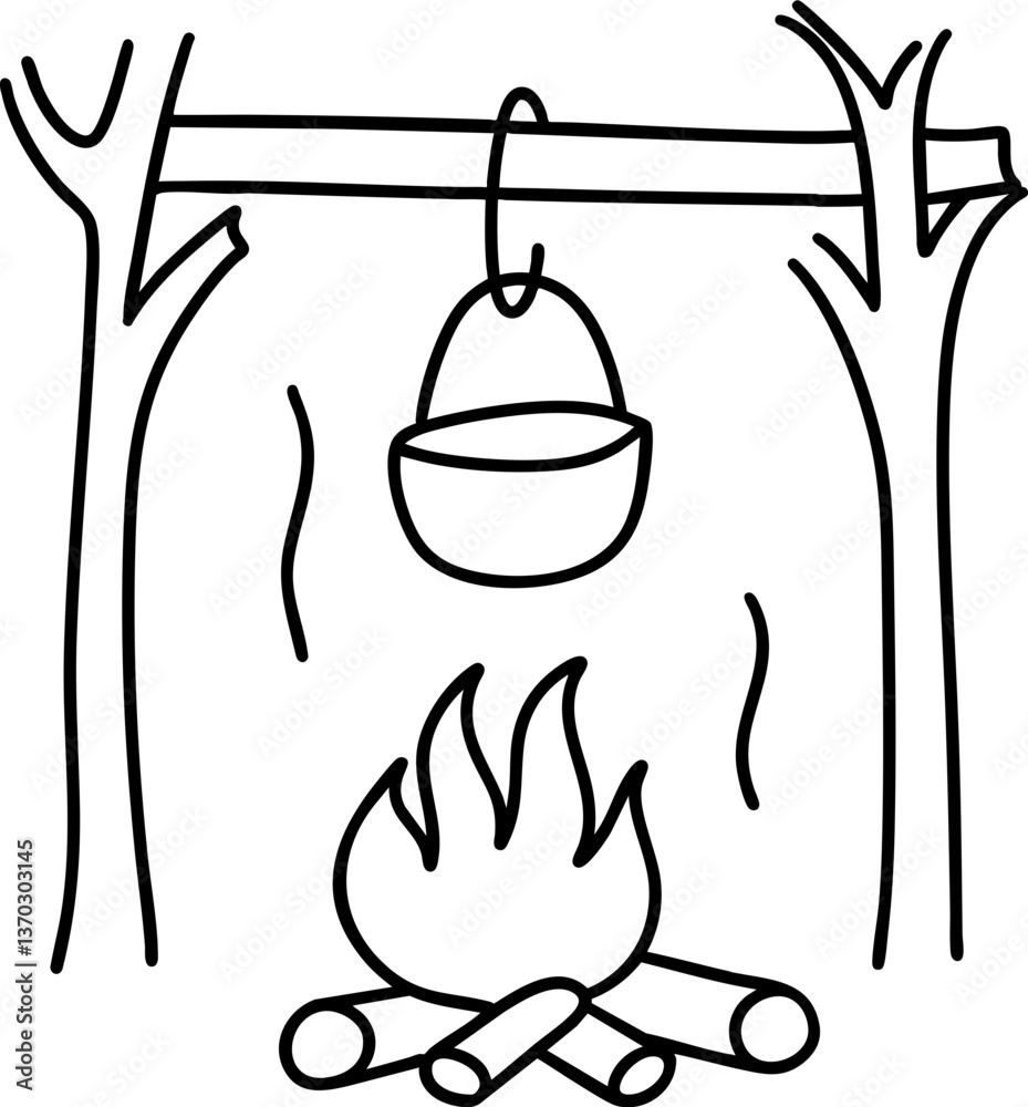 Obraz premium cozy campfire scene with pot hanging over flames, surrounded by logs and trees, evokes warmth and adventure