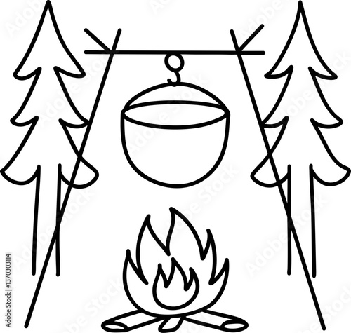 cozy campfire scene with pot hanging over flames, surrounded by tall trees, evokes sense of adventure and warmth