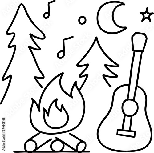 cozy campfire scene with guitar, surrounded by trees, music notes, and night sky, evokes sense of warmth and joy
