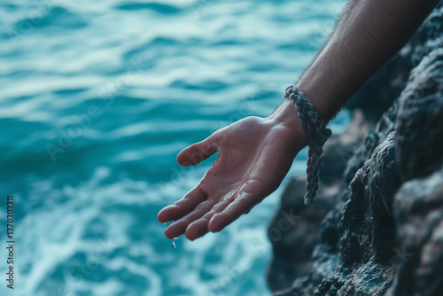 A lone hand outstretched towards a restless sea, seeking solace amidst the crashing waves, adorned with a simple rope bracelet, bathed in cool, ocean-hued light.