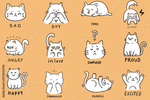 Cute cat illustrations expressing various emotions like happy, sad, and excited. Perfect for cat lovers and art enthusiasts