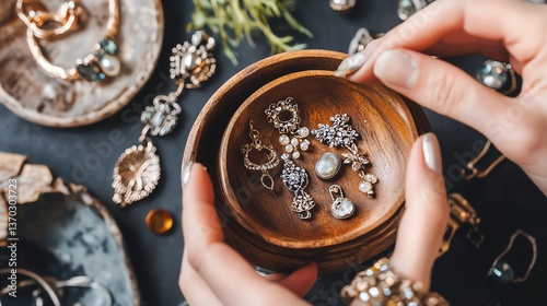 A woman carefully places jewelry into a wooden bowl.