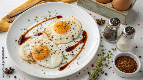 Fried eggs, on a white plate, with sauce