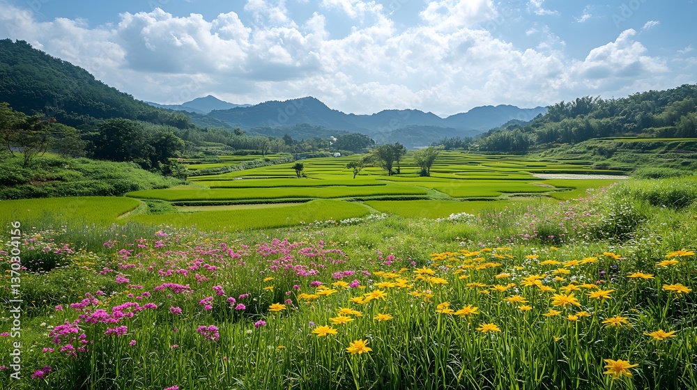 Fototapeta premium A spring rice field with blooming flowers around the paddies, adding pops of color