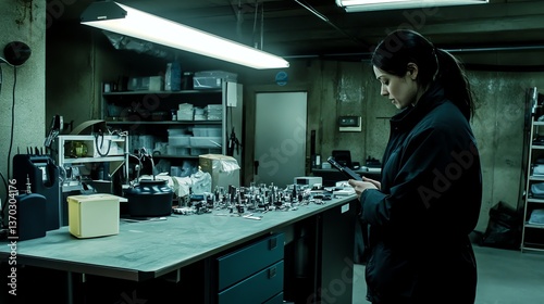 A woman in a dark jacket stands in a dimly lit workshop, looking at her phone.