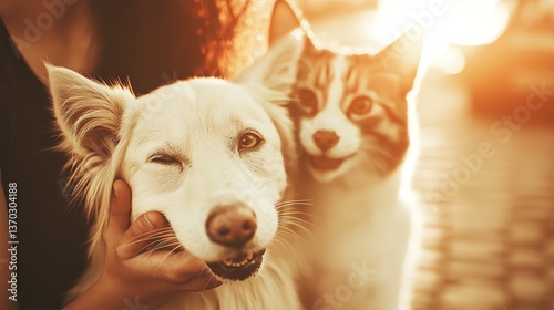 A woman holds her dog's face gently while a cat looks on in the warm sunlight.