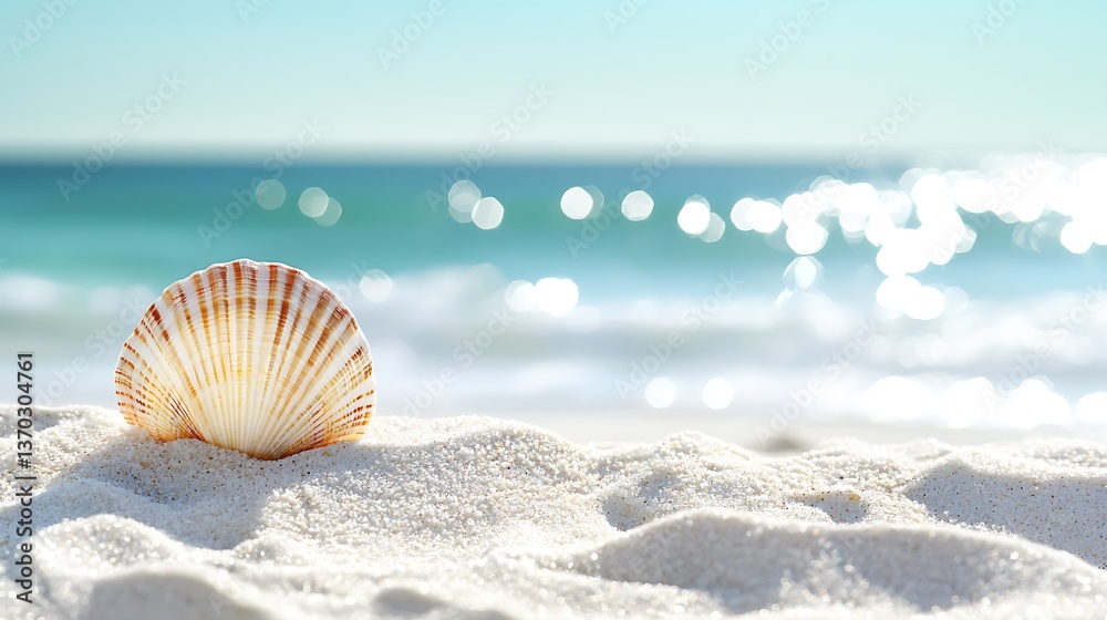 Seashell on a sandy beach, ocean background Seashell on a sandy beach, ocean background