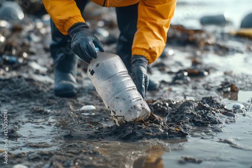 A person wearing protective suit and rubber gloves collecting plastic from the muddy shore